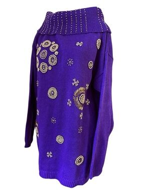 Vintage Oversized Beaded Sweater Purple Embellished Knit Grandmacore M